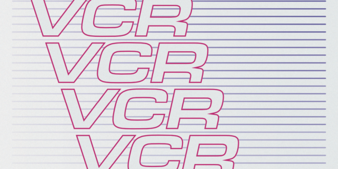 A graphic of pink outlines of the letters VCR along a blue striped background