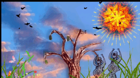 drawing of a sky and a tree and a drawn expressive figure 