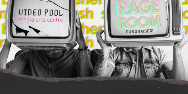 two people's head and shoulders, each with a TV for a head. Each is holding the TV where the head would be. Smasher's Bash is written across the background in yellow with logos and titles inside the cracked TV screens