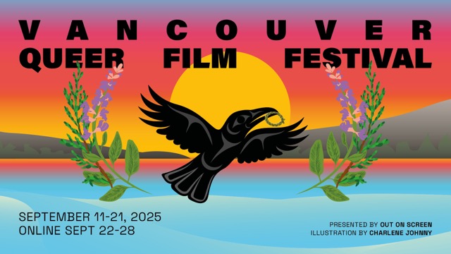 mage of crow soaring above water and sunset in flat, vibrant style with vancouver queer film festival text and dates