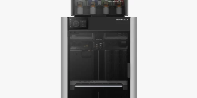 The Bambu Lab H2D 32D Printer with the AMS 2 Pro on top, on a white background