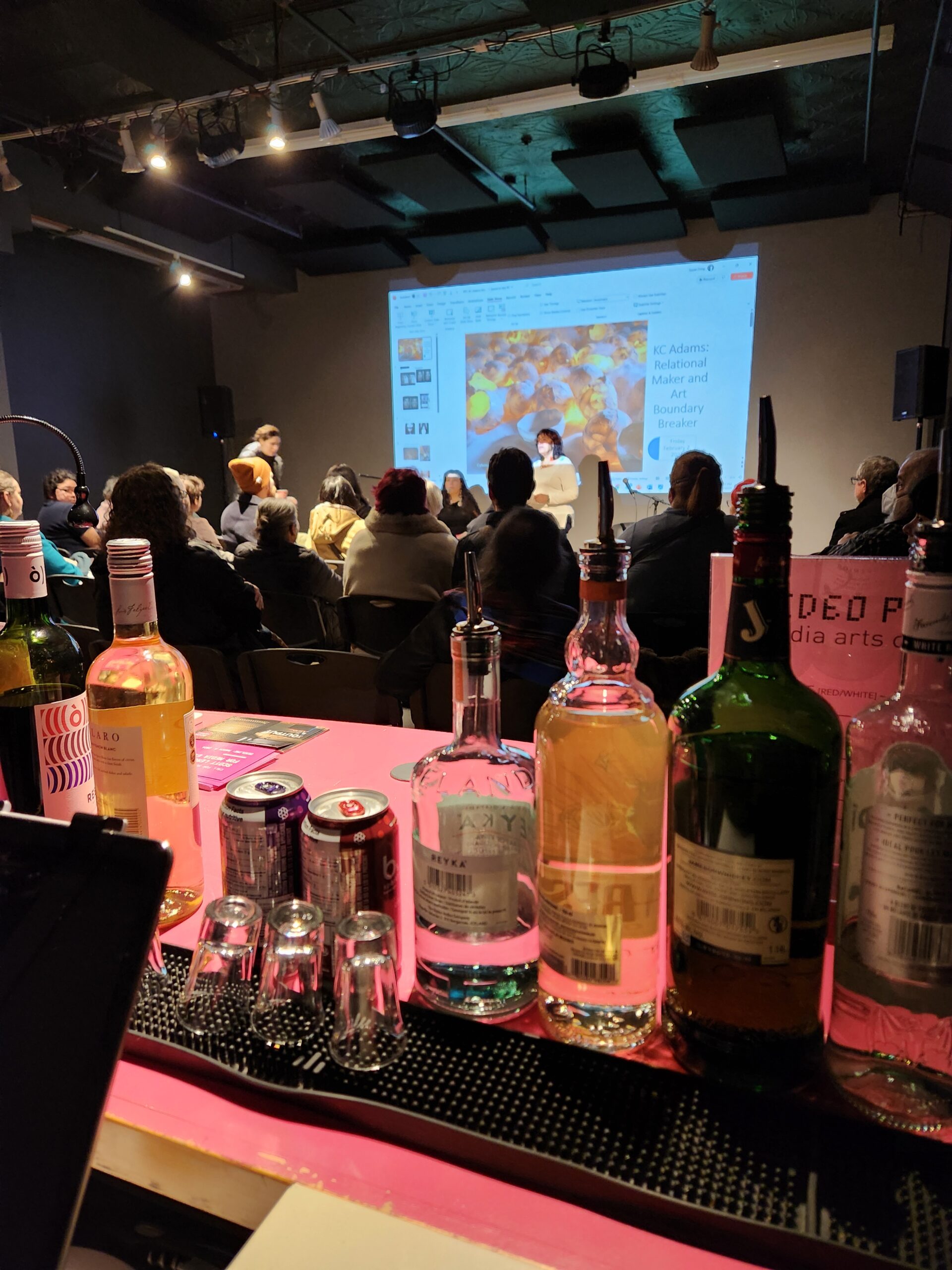 Bar, audience and speaker in front