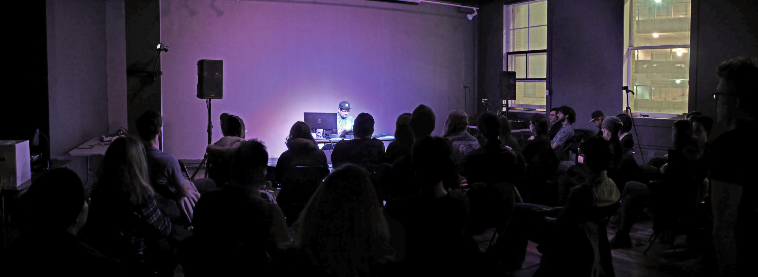 Picture of audience and artist.