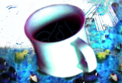 A white mug on a surreal high contrast saturated background