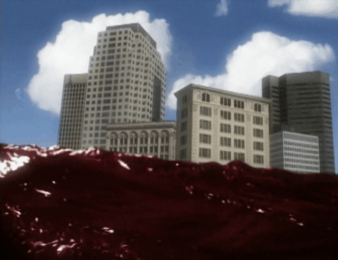 Winnipeg architecture skyline with red liquid waves splashing underneath