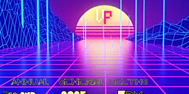 An image from early TRON videogames - a pink grid floor with dark blue background stretches toward the back of the image where a sunset, and digital mountains sit in the distance. The text font is written in a font similar to the 80's TRON game font.