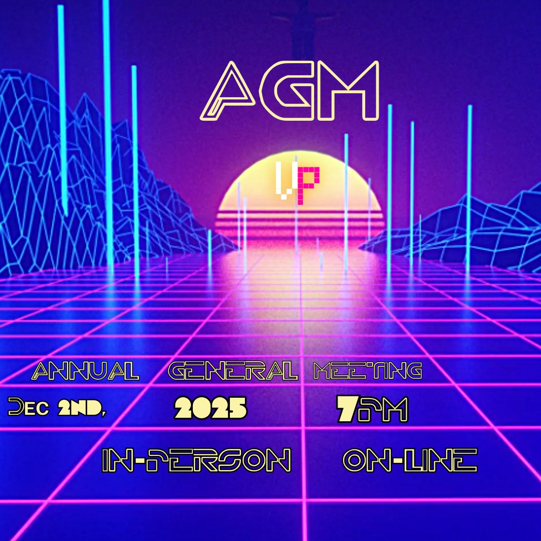 An image from early TRON videogames - a pink grid floor with dark blue background stretches toward the back of the image where a sunset, and digital mountains sit in the distance. The text font is written in a font similar to the 80's TRON game font.