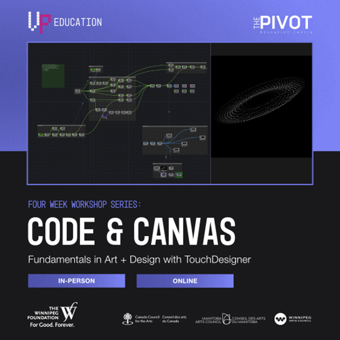 Image of nodal network on black background. Blue partial frame around image. Course details in white lettering with funder logos on bottom.