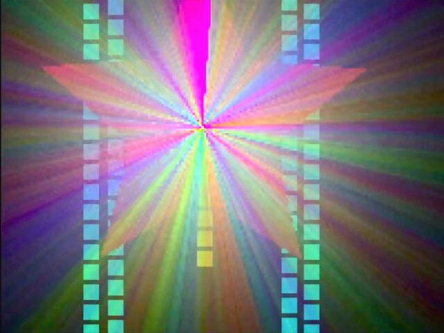 Digitially painted holographic bright light shining in the shape of a star with lines of green squares behind