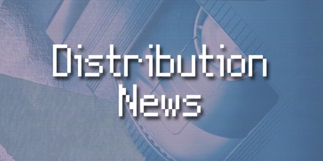 "Distribution News" in a white pixelated font on top of faded blue retro vhs case