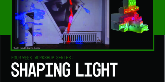 Left image: Projection of kite on wall of gallery,adjacent column and radiator. Right image: legos with colourful projection. Against two toned background of green and black