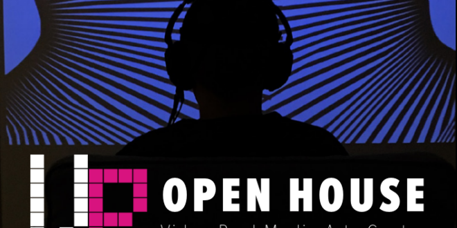 VP invitation against black background. Image of silhouetted person with headphones against a purple background with image of mirrored lines coming from circles.