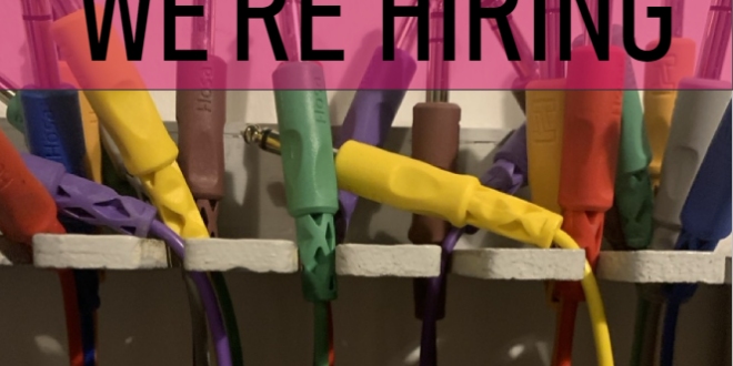 Closeup of a cable rack with multi-coloured cables. Text says: We're Hiring. across the bottom it says: Technical Director