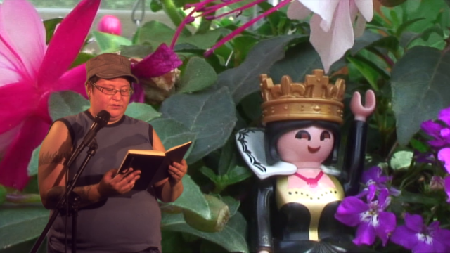 Person superimposed infront of a background with leaves and a queen lego figure