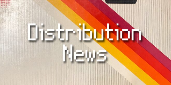 "Distribution News" in white pixelated text on top of the background of a vintage vhs tape with bold warm toned graphic lines