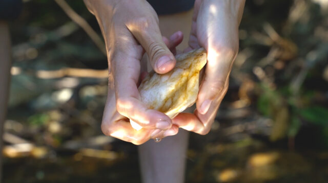 Hands holding a wet rock with water droplets on fingers