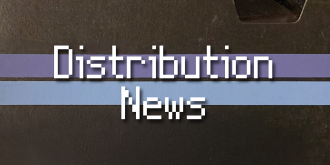 "Distribution News" in white pixelated text on top of the background of a vintage VHS tape box