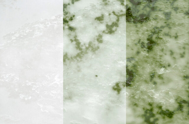 Photo of melting ice divided up into three sections to show the progression of the melt