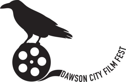 Silhouette of a crow on a film reel with the text "dawson city film fest" flowing out of the reel like film