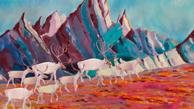 A group of animated caribou walk together across a colourful mountain plain