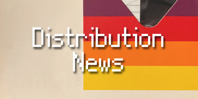 "Distribution News" in white pixelated text on top of the background of a vintage VHS tape box