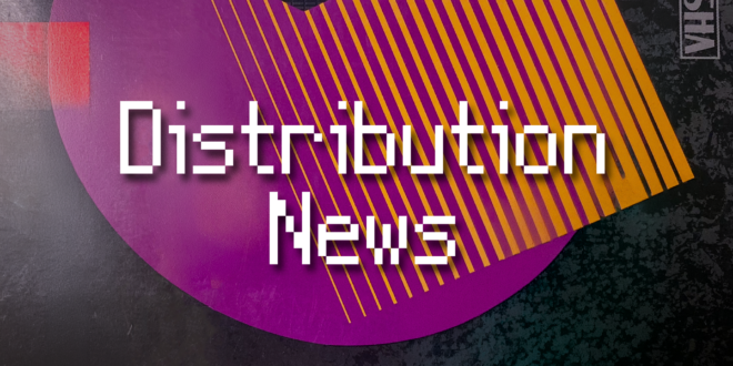 "Distribution News" in white pixelated text on top of the background of a vintage VHS tape box