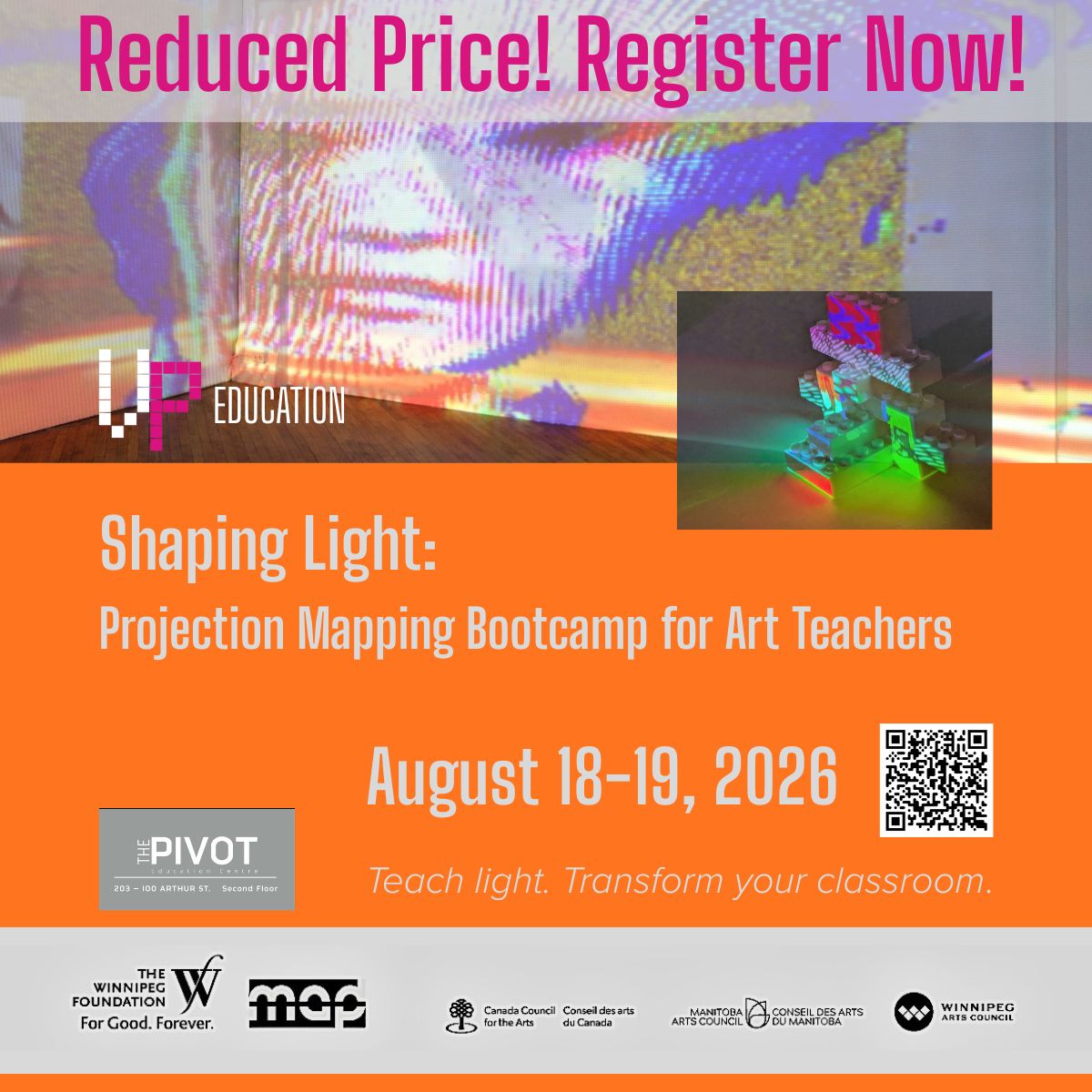 Bootcamp details against orange background. Two images of projection mapping examples take top half of image