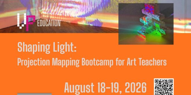 Bootcamp details against orange background. Two images of projection mapping examples take top half of image
