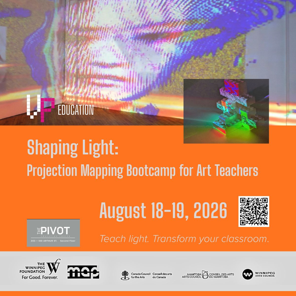 Bootcamp details against orange background. Two images of projection mapping examples take top half of image