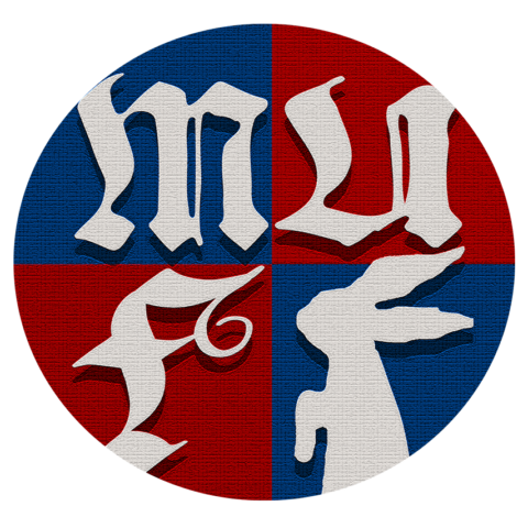 Logo for Milwaukee Underground Film Fest, a circle divided up into four sections, each slice either red or blue, with the letters "MUFF" superimposed over the top in bold expressive white lettering