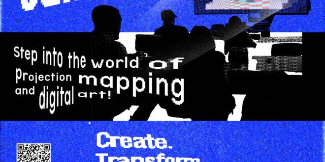 Pixelated and warped text over an electric blue background. Image of silohetted students taken from the back of the room. On screen, projection of a lego castle.