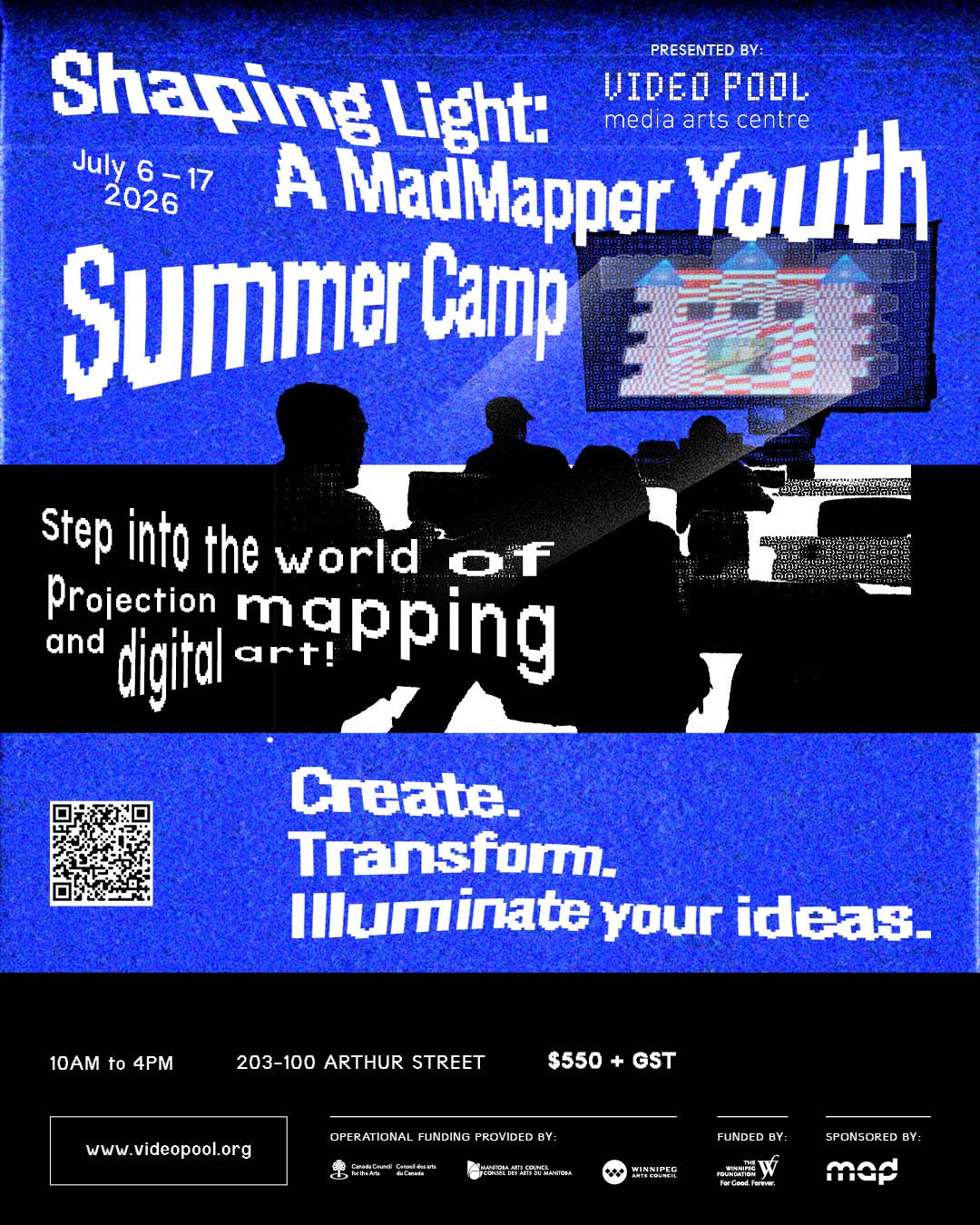 Pixelated and warped text over an electric blue background. Image of silohetted students taken from the back of the room. On screen, projection of a lego castle.