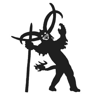 Logo for San Diego Underground Film Fest. Silhouette of an impish devil-like creature with large horns and a tail smiling and leaning into a large staff