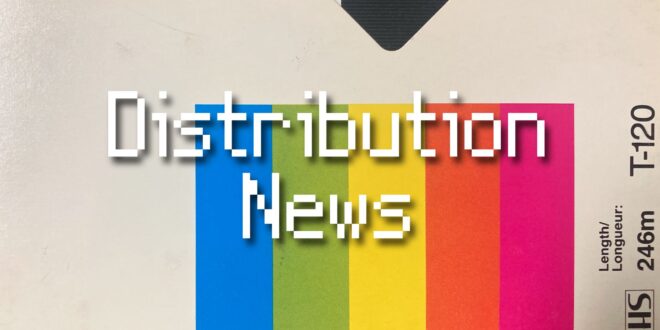 "Distribution News" in white pixelated text on top of the background of a vintage VHS tape box
