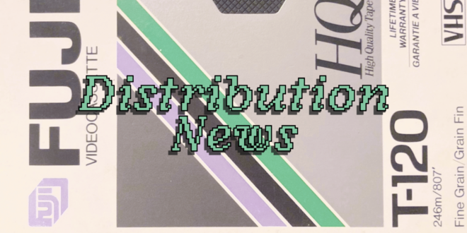 "Distribution News" in light green pixelated text on top of the background of a vintage VHS tape box