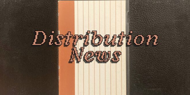 "Distribution News" in pixelated text on top of the background of a vintage VHS tape box