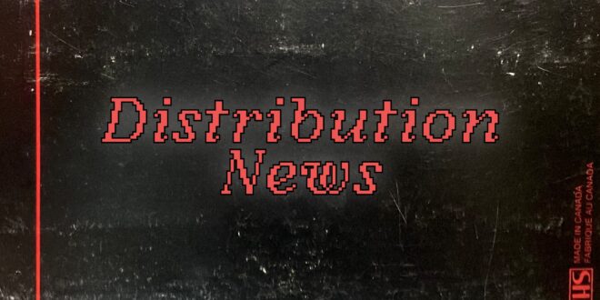 "Distribution News" in pixelated text on top of the background of a vintage VHS tape box