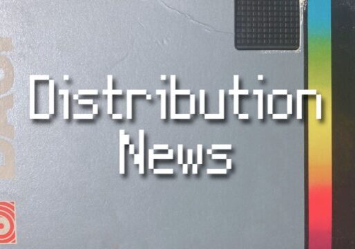 "Distribution News" in white pixelated font over silver/grey VHS tape case