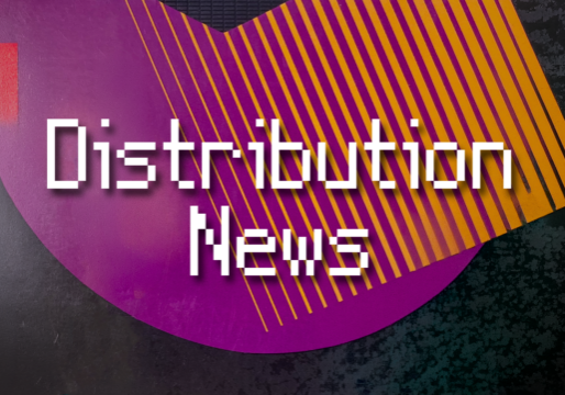 "Distribution News" in white pixelated text on top of the background of a vintage VHS tape box