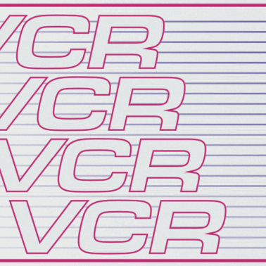 A graphic of pink outlines of the letters VCR along a blue striped background