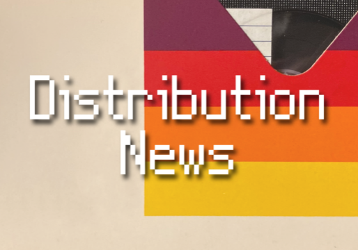 "Distribution News" in white pixelated text on top of the background of a vintage VHS tape box