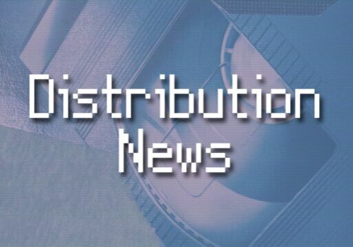 "Distribution News" in a white pixelated font on top of faded blue retro vhs case