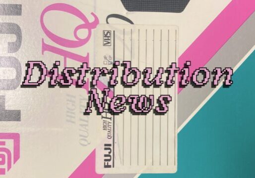 "Distribution News" in pink pixelated text on top of the background of a vintage VHS tape box