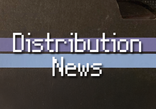 "Distribution News" in white pixelated text on top of the background of a vintage VHS tape box